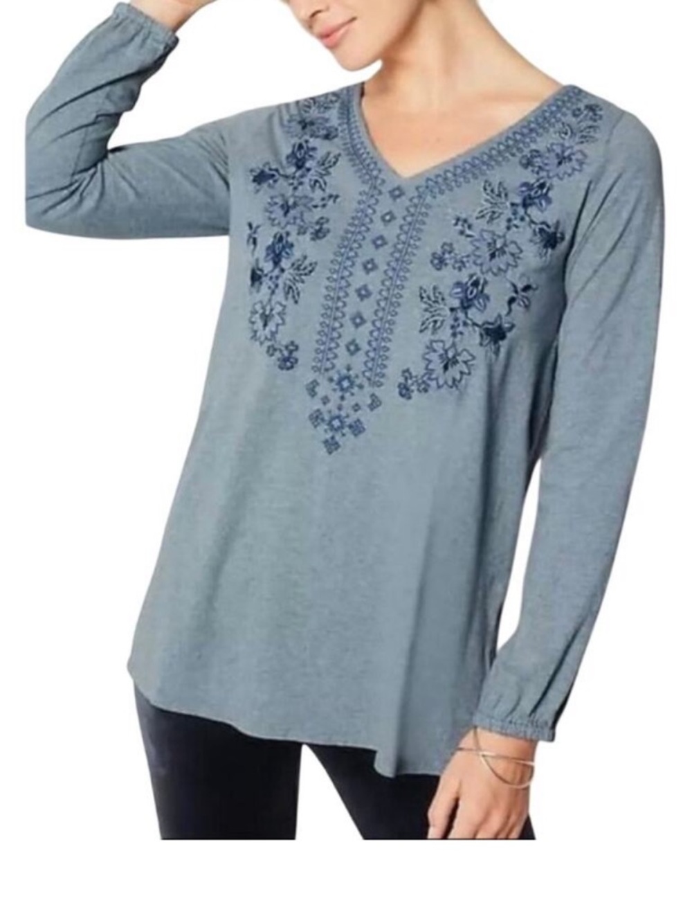Embroidered V-Neck Tunic Top in Dusty Blue